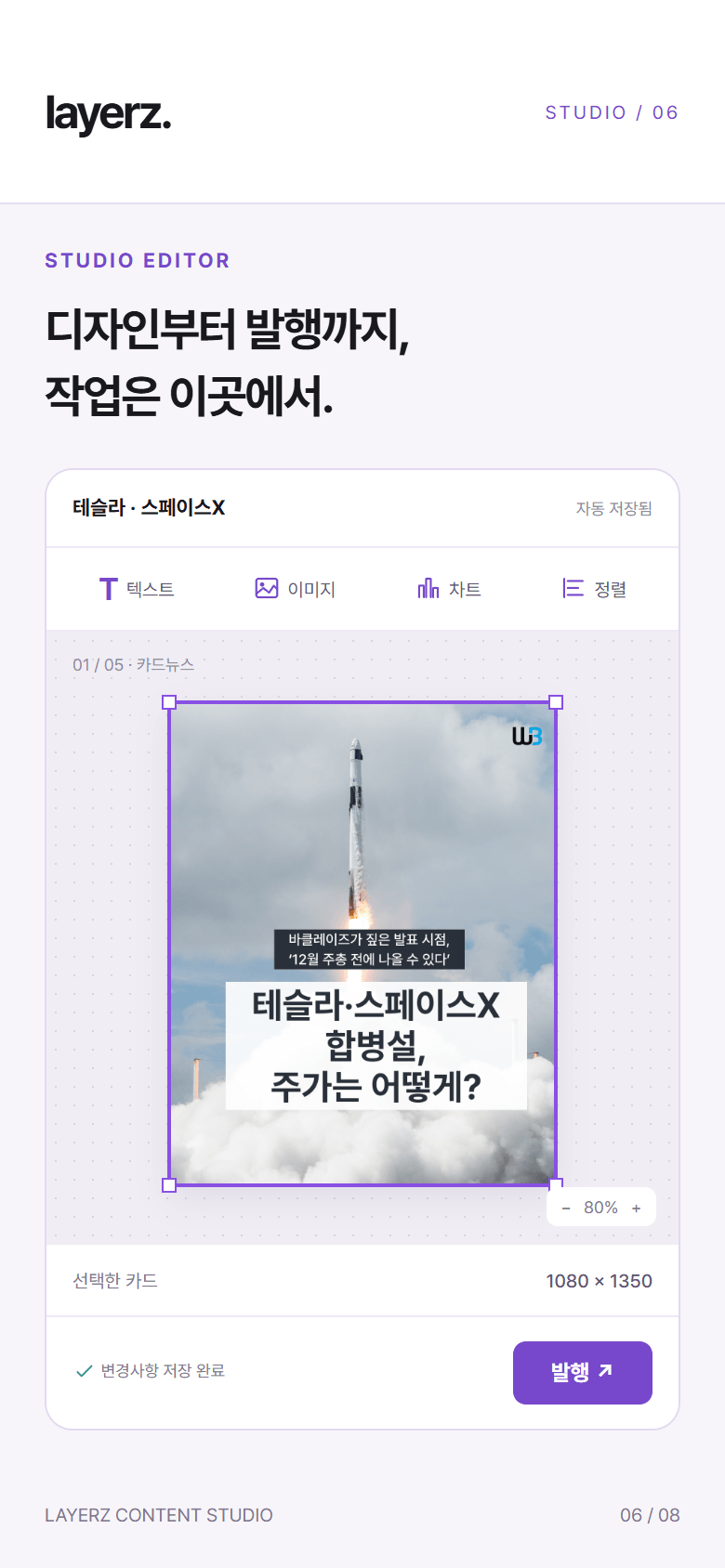 실제 테슬라·스페이스X 카드뉴스를 보라색 선택 박스와 모서리 핸들로 선택한 스튜디오 편집 화면, 텍스트 이미지 차트 정렬 툴바와 발행 버튼